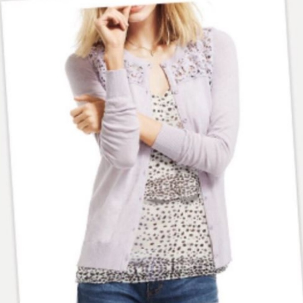 Cabi Pale Purple Lace Yoke Button Front Cardigan